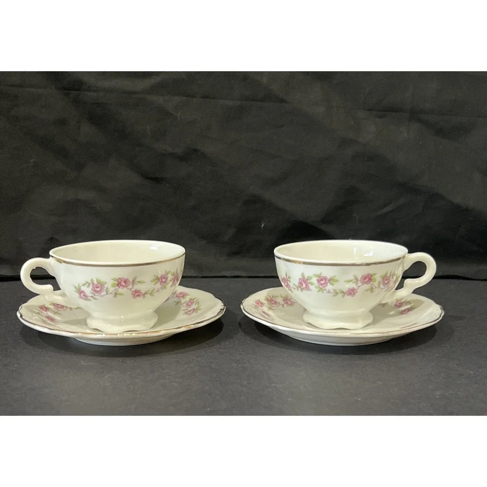 Vintage Purple Rose Footed Porcelain Tea Cup And Saucer Set With Gold‎ Trim Set